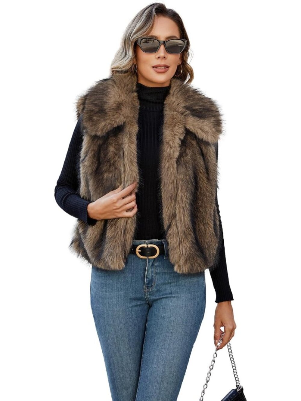 Chic Women's Faux Fur Vest with Lapel Collar, Sleeveless Open Front Cardigan Top